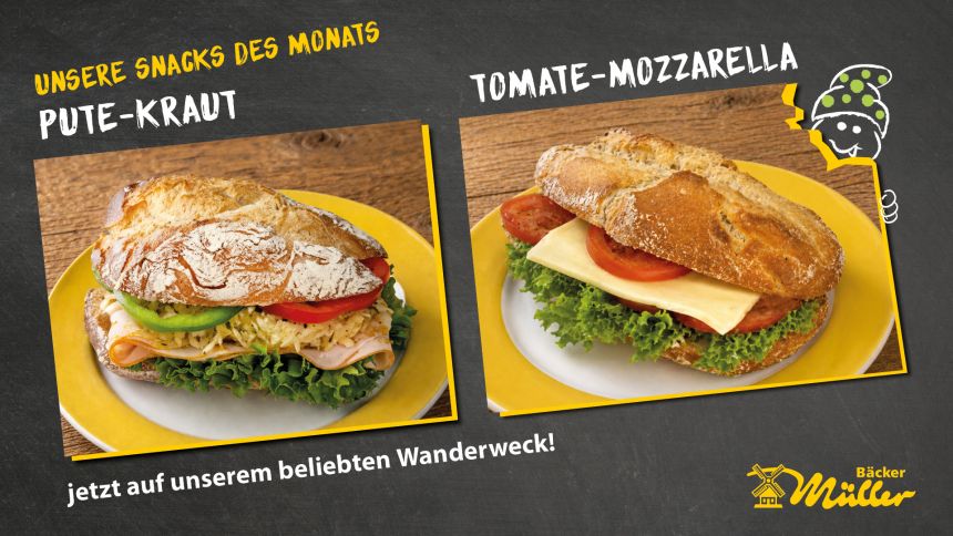 Bäcker Müller Aktionsschild, Unser Snack des Monats: Burgwaldburger, Sesam-Burger-Brötchen mit Fleischkäse, Mayo, Ketchup und Salat