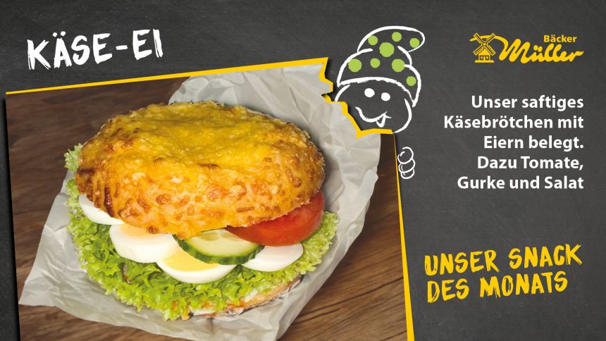 Bäcker Müller Aktionsschild, Unser Snack des Monats: Kartoffelbrötchen belegt mit Pute und Senf-Honig-Feigen-Aufstrich