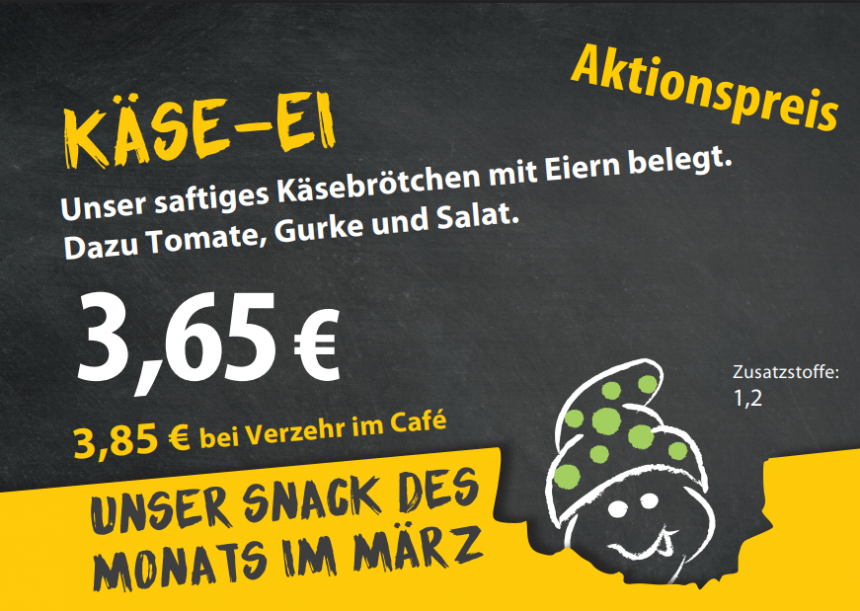 Bäcker Müller Aktionsschild, Unser Snack des Monats: Kartoffelbrötchen belegt mit Pute und Senf-Honig-Feigen-Aufstrich