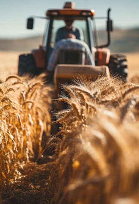 Bäcker Müller, Bild mit Traktor im Weizenfeld, die reife Weizen werden geerntet