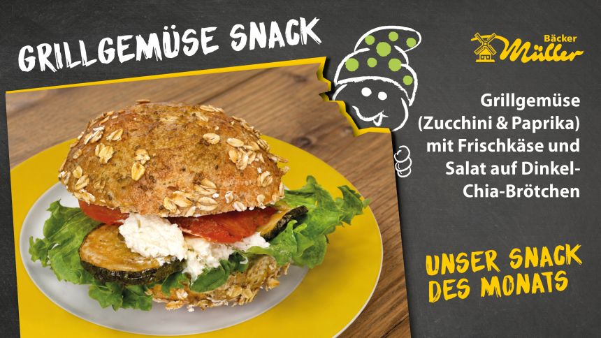 Bäcker Müller Aktionsschild, Unser Snack des Monats: Grillgemüse mit Frischkäse auf Chia-Dinkel